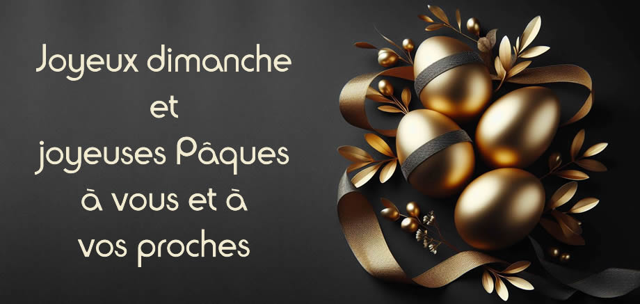 Carte élégante de Joyeuses Pâques avec fond sombre avec des œufs de Pâques dorés et des rubans décoratifs avec message